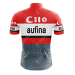 The Clas Cajastur Retro Short Sleeve Cycling Set showcases a red and gray jersey with Cilo–Aufina logos. It features a vibrant red top, white middle with black text, and sleek gray bottom with back pockets, ideal for size referencing.