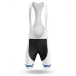 The Italy Men Short Sleeve Cycling Set features bib shorts with white straps, a black lower section, and white legs with blue stripes—ideal for pairing with a performance jersey or completing your cycling kit.