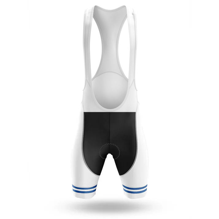 The Italy Men Short Sleeve Cycling Set features bib shorts with white straps, a black lower section, and white legs with blue stripes—ideal for pairing with a performance jersey or completing your cycling kit.