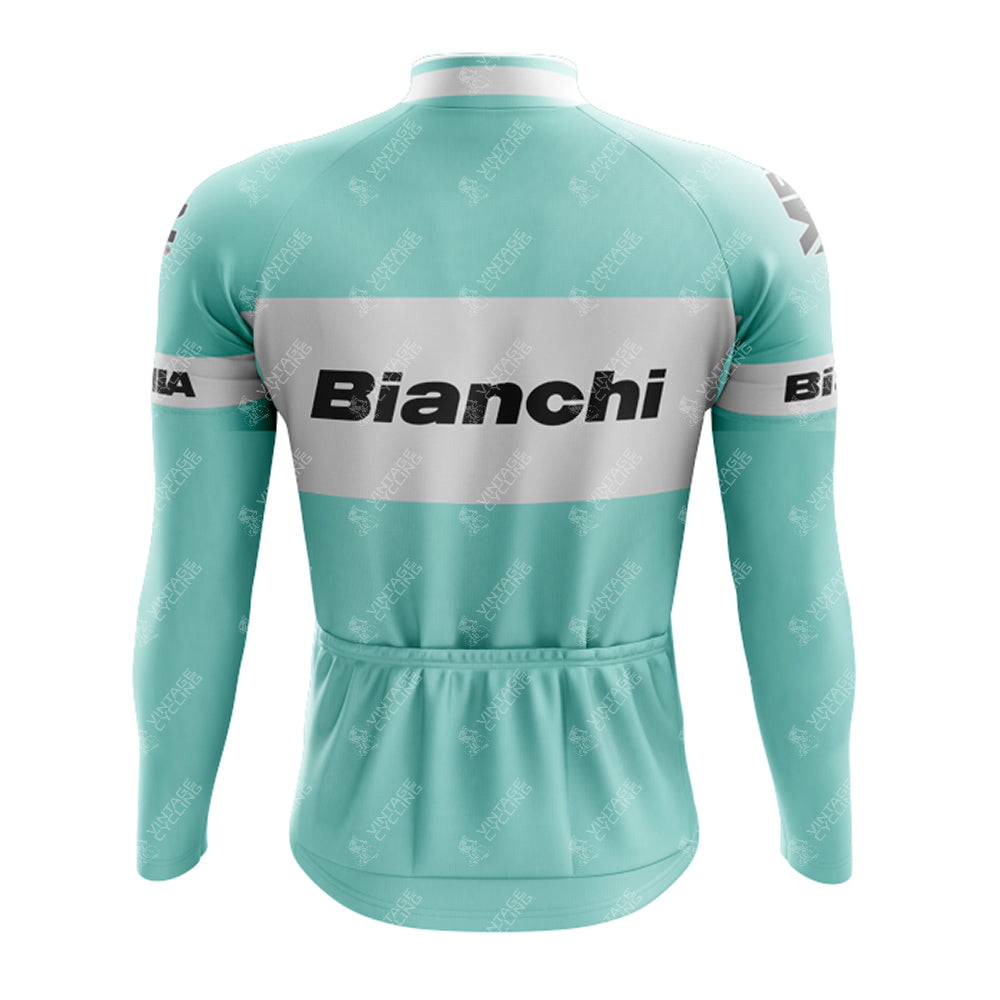 The Bianchi Grey Retro Long Sleeve Cycling Set features black Bianchi text on a white stripe at the back, with BIA on the shoulders and sleeves. A fleece option is available for extra warmth.