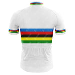The image presents the back view of the FAEMA Color Bars Retro Short Sleeve Cycling Set. This cycling jersey is white and features horizontal rainbow stripes in blue, red, black, yellow, and green across the chest and short sleeves.