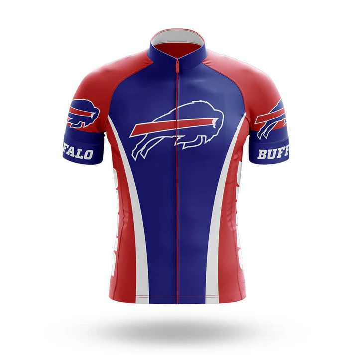 The American Short Sleeve Cycling Set features the Buffalo Bills logo in blue, red, and white, with "Buffalo" on the sleeves and a bold buffalo graphic upfront—ideal customizable cycling gear for fans.