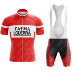 Vintage cycling lovers will adore the Red FAEMA Retro Short Sleeve Cycling Set. It includes a red jersey with FAEMA GUERRA in bold black, a white horizontal band, a full front zipper, and coordinating black shorts with white suspenders for a classic look.