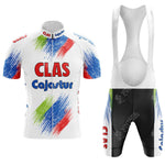 The del tongo Retro Short Sleeve Cycling Set showcases a vibrant design with red, green, and blue brush strokes on white. The vintage short-sleeved jersey features the CLAS Cajastur logo on the chest, and the matching bib shorts display logos and colors on the legs.