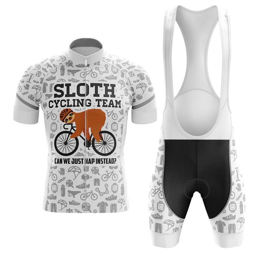 White cycling set for men featuring grey biking icons. The short sleeve jersey reads U.S. Air Force above a helmeted sloth on a bike, with "CAN WE JUST NAP INSTEAD?" below. Bib shorts are mostly white and black.