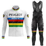 The PEUGEOT White Retro Long Sleeve Cycling Set (With Fleece Option) features a white jersey with Peugeot and Michelin logos, multicolored stripes, and black bib pants with leg stripes and side logos, plus a fleece-lined version for cooler rides.