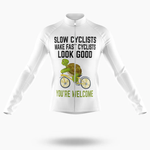 The Specialized V2 Men Long Sleeve Cycling Jersey features a turtle on a bike and the text: "Slow cyclists make fast cyclists look good. You’re welcome." Perfect cool-weather jersey for stylish, fun rides.