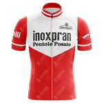 The Inoxpran Pentole Posate Retro Cycling Jersey features a red and white design with the front logo, short sleeves, a full front zip, and logos on the sleeves and shoulders—ideal for fans of classic Giro dItalia cycling styles.