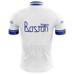 The Frigos Boston Retro Cycling Jersey features a back view in white with blue accents, Frigos Boston in bold blue, lightweight polyester construction, and sleeves with blue stripes and Mavic, blending performance and style.