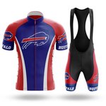 The American Short Sleeve Cycling Set features a retro red, blue, and white design with the Buffalo Bills logo and BUFFALO on both the jersey and bib shorts. This customizable set includes a front-zip short sleeve jersey for top cycling performance.