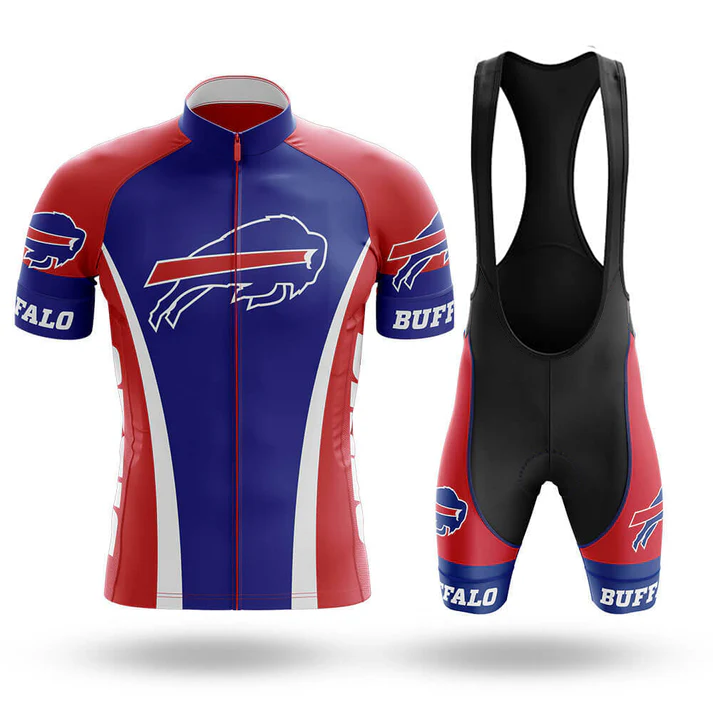 The American Short Sleeve Cycling Set features a retro red, blue, and white design with the Buffalo Bills logo and BUFFALO on both the jersey and bib shorts. This customizable set includes a front-zip short sleeve jersey for top cycling performance.