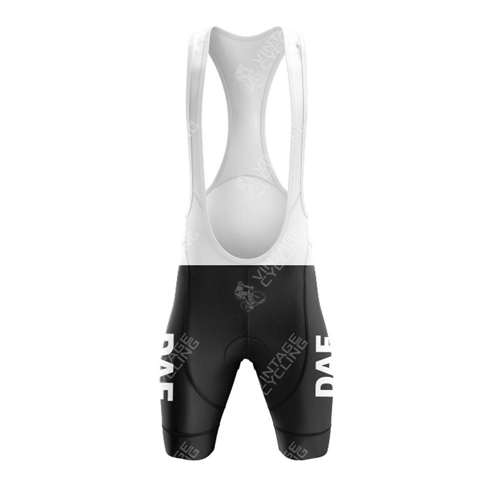 Pair black bib shorts with white straps and bold side text with the FESTINA Retro Short Sleeve Cycling Set. A front logo complements the design, all set against a plain white background to highlight its clean style.