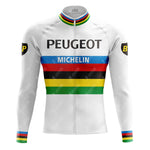 The PEUGEOT White Retro Long Sleeve Cycling Set (With Fleece Option) features a white jersey with vibrant green, yellow, red, black, and blue stripes, Peugeot and Michelin logos on the chest, sleeve patches for added style, and a fleece-lined version for warmth on chilly rides.