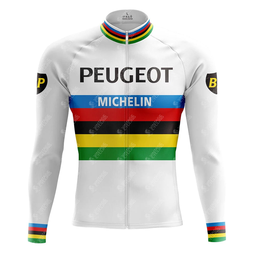 The PEUGEOT White Retro Long Sleeve Cycling Set (With Fleece Option) features a white jersey with vibrant green, yellow, red, black, and blue stripes, Peugeot and Michelin logos on the chest, sleeve patches for added style, and a fleece-lined version for warmth on chilly rides.