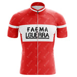 Vintage cycling enthusiasts will love the Red FAEMA Retro Short Sleeve Cycling Set with a full front zipper, FAEMA and L. GUERRA in bold black on a white chest band, and accented with retro white stripes on the sleeves and collar, capturing timeless style.