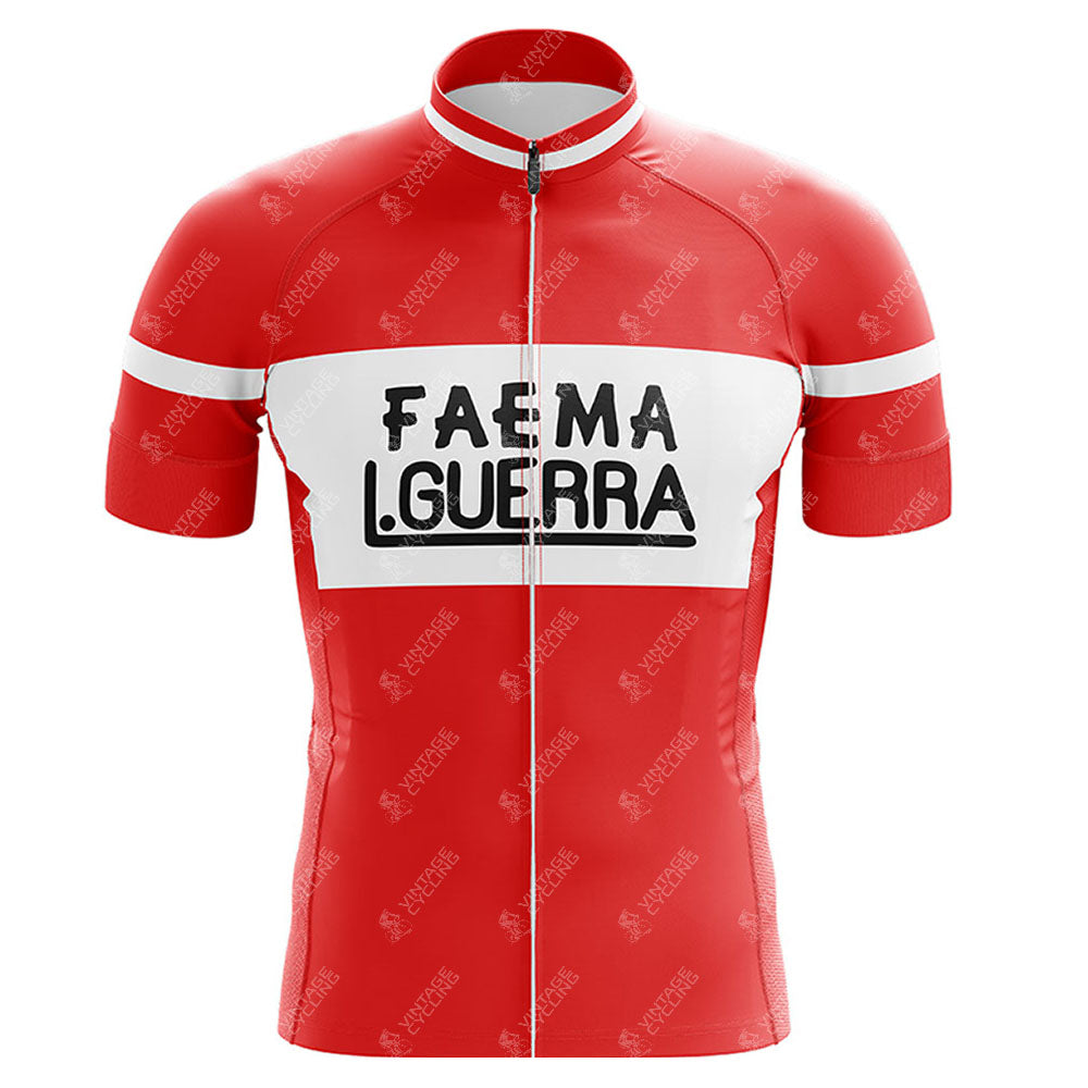 Vintage cycling enthusiasts will love the Red FAEMA Retro Short Sleeve Cycling Set with a full front zipper, FAEMA and L. GUERRA in bold black on a white chest band, and accented with retro white stripes on the sleeves and collar, capturing timeless style.