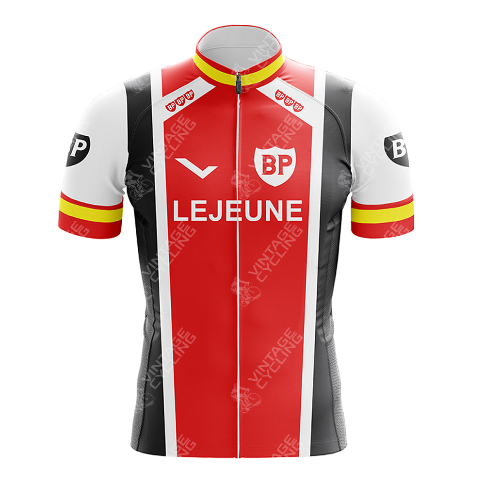 The LEROUX Green Retro Short Sleeve Cycling Set showcases a vertical red and black design with bold LEJEUNE text. Its short sleeves boast BP logos on the chest, enhanced by yellow and red accents on the sleeves and collar for a classic cycling look.