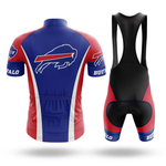 The American Short Sleeve Cycling Set in blue, red, and white features the Buffalo Bills logo and Buffalo text. The set includes a jersey and bib shorts with black straps and a padded seat, both shown from the back.