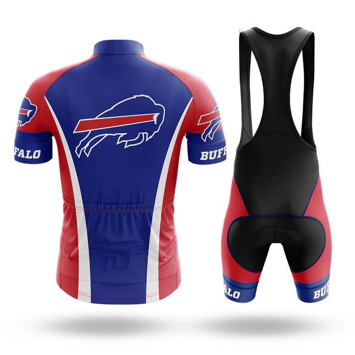 The American Short Sleeve Cycling Set in blue, red, and white features the Buffalo Bills logo and Buffalo text. The set includes a jersey and bib shorts with black straps and a padded seat, both shown from the back.