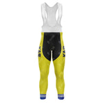 The KAS Yellow Retro Long Sleeve Cycling Set features bib tights with a yellow and black design, KAS on the legs, blue and white ankle stripes, and a breathable jersey top with sturdy straps for secure fitting.