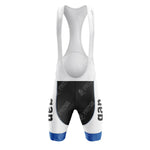 The Gllane Retro Short Sleeve Cycling Set features blue and black bib shorts with a white upper, showcasing the vertical number 424 on the sides and subtle VIVACE CYCLING text, capturing vintage cycling style.