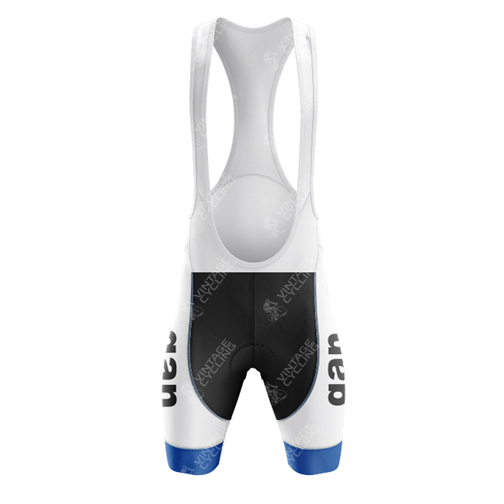 The Gllane Retro Short Sleeve Cycling Set features blue and black bib shorts with a white upper, showcasing the vertical number 424 on the sides and subtle VIVACE CYCLING text, capturing vintage cycling style.
