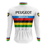 The PEUGEOT White Retro Long Sleeve Cycling Set features sponsor logos Peugeot and Michelin on the back, horizontal stripes in black, red, green, yellow, and blue on a white backdrop, with additional sleeve logos. A fleece-lined option is available.
