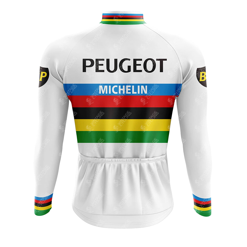 The PEUGEOT White Retro Long Sleeve Cycling Set features sponsor logos Peugeot and Michelin on the back, horizontal stripes in black, red, green, yellow, and blue on a white backdrop, with additional sleeve logos. A fleece-lined option is available.