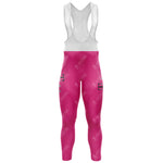 Front view of the pink T Retro Long Sleeve Cycling Set bib tights with white shoulder straps, made from lightweight polyester. Features subtle floral patterns, a small black logo on the left thigh, and form-fitting fabric ideal for athletic use.