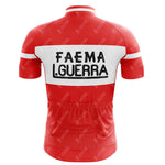 The Red FAEMA Retro Short Sleeve Cycling Set features white stripes on the chest and sleeves, with FAEMA I. GUERRA in black letters on the back, designed for cycling enthusiasts seeking a vintage look.