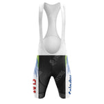 Front view of the del tongo Retro Short Sleeve Cycling Set: a vintage cycling bib with a white upper, black shorts featuring blue side patterns, Gan in blue on the right leg, and SDV in red on the left. Classic white straps complete its timeless retro design.