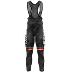 These black cycling bib tights, featuring PEUGEOT text and rainbow stripes, pair perfectly with our fleece-lined PEUGEOT White Retro Long Sleeve Cycling Set for ultimate comfort and style.