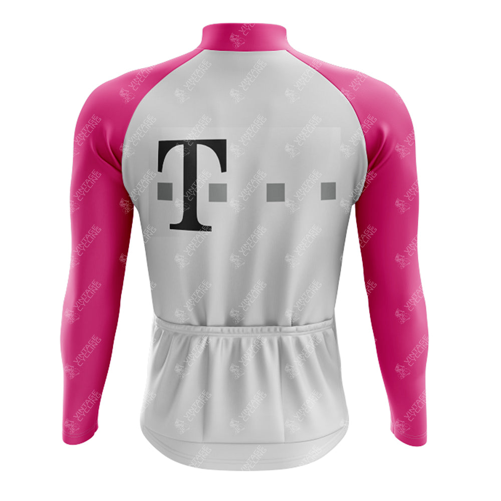 The T Retro Long Sleeve Cycling Set features a white body with pink sleeves, a large T on the back, two small gray squares, and sports small logos. Its made from lightweight polyester and offers a fleece option.