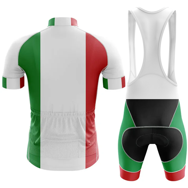 Front and back view of the Scotland Men Short Sleeve Cycling Set; this lightweight, moisture-wicking jersey has a Scottish flag design, while the bib shorts feature blue and white panels.
