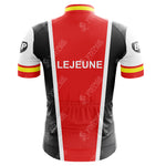 A LEROUX Green Retro Short Sleeve Cycling Set featuring a vintage design with red, black, and white colors. It boasts LEJEUNE on the back, short sleeves adorned with red, yellow, and black stripes, logos on the shoulders, and subtle bicycle graphics for a classic look.