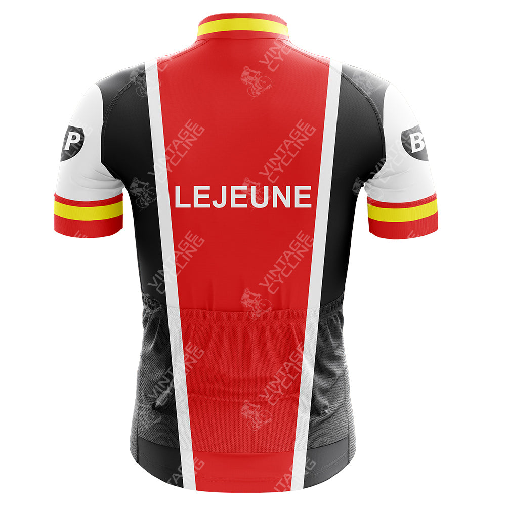 A LEROUX Green Retro Short Sleeve Cycling Set featuring a vintage design with red, black, and white colors. It boasts LEJEUNE on the back, short sleeves adorned with red, yellow, and black stripes, logos on the shoulders, and subtle bicycle graphics for a classic look.