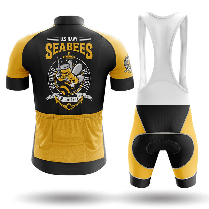 Front and back view of the Specialized V2 Men Short Sleeve Cycling Set in yellow, black, and white—features a bee mascot with tools, U.S. Navy Seabees text, and the motto "We Build, We Fight, Since 1942." Perfect for cycling fans.