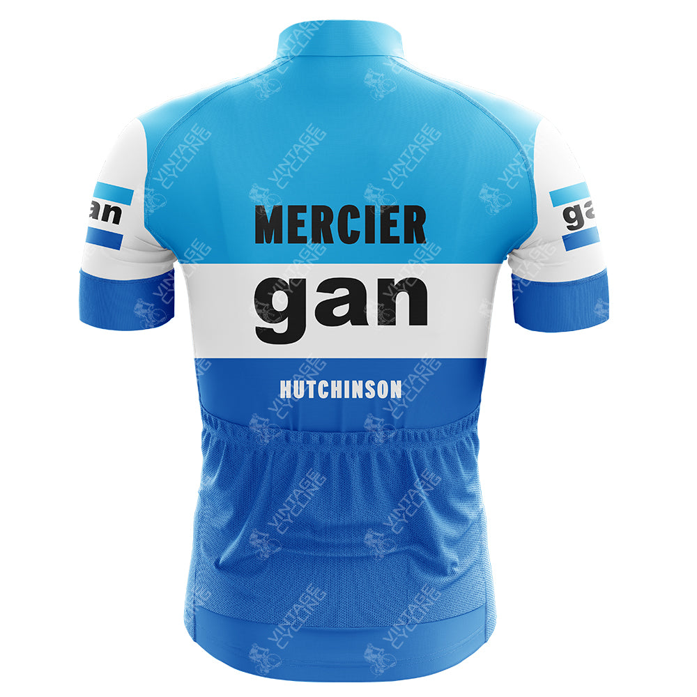 The Gllane Retro Short Sleeve Cycling Set showcases a vintage style with a back view featuring blue and white striped patterns and black text reading Mercier, gan, and Hutchinson. Brand logos on the sides enhance its classic retro appeal.