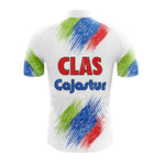 The del tongo Retro Short Sleeve Cycling Set boasts a vintage design with red, blue, and green brush strokes on white, featuring CLAS in bold red and Cajastur in sleek blue on the back, offering retro flair for cycling enthusiasts.
