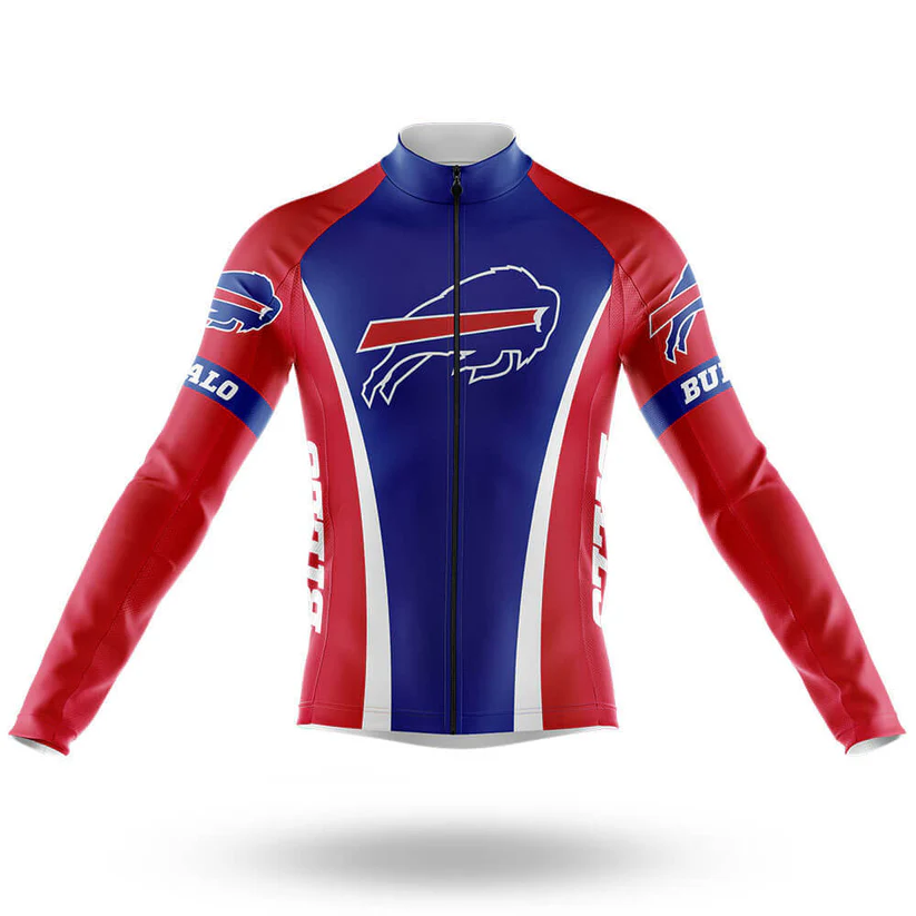 The Ohio State Long Sleeve Cycling Jersey features a retro design in red, blue, and white with the Buffalo Bills logo on the chest and sleeves, BILLS text on the arms, a front zipper, and a high collar for comfort.