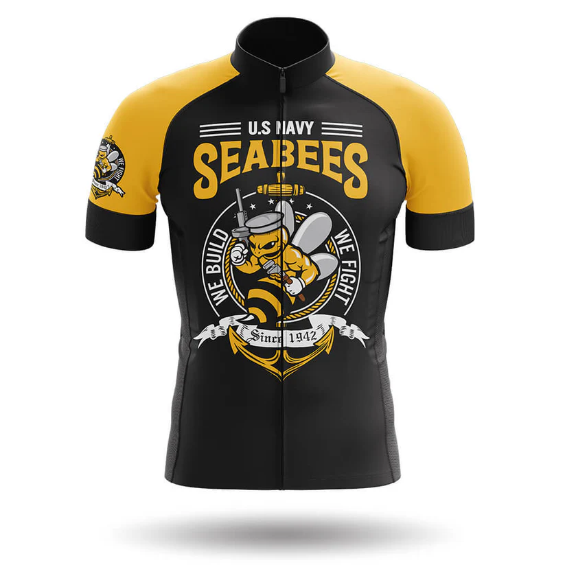 The Specialized V2 Men Short Sleeve Cycling Set features bold black and yellow U.S. Navy Seabees graphics, including a cartoon bee with tools, "We Build, We Fight," "Since 1942," and Seabees text—perfect for standout cycling style.