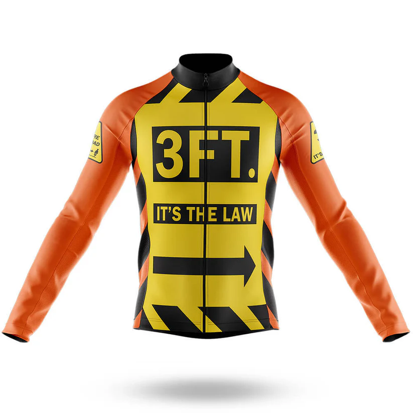 The Éire Men Long Sleeve Cycling Jersey features orange sleeves, a yellow front with bold "3 FT. ITS THE LAW" text and black caution stripes—this moisture-wicking jersey is ideal for safe cycling rides.