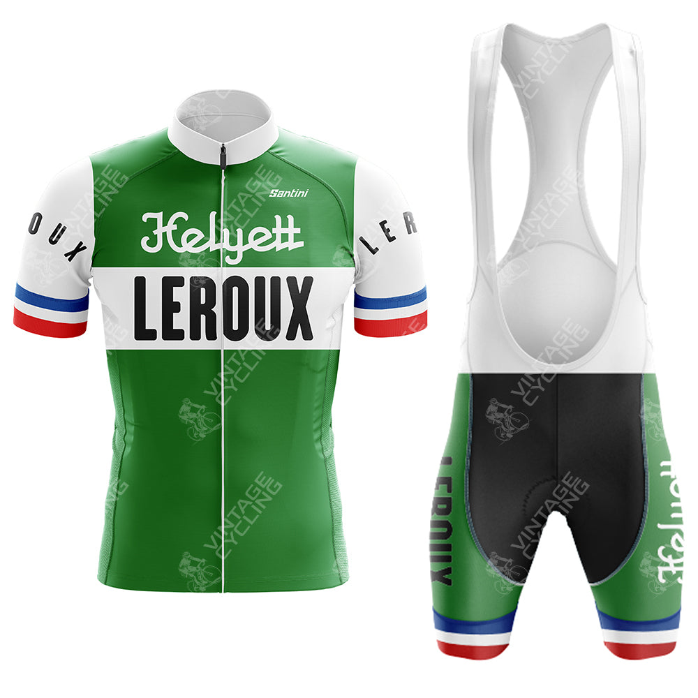 Introducing the rokado Retro Short Sleeve Cycling Set: a stylish jersey and bib shorts with white and red accents, featuring Leroux and Helyett on the jersey along with blue, white, and red sleeve bands. Matching bibs complete this LEROUX Cycling Set.