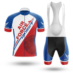 The North Carolina Men Short Sleeve Cycling Set is a blue, red, and white kit with “AIR FORCE AIM HIGH,” “U.S. AIR FORCE” text, Air Force logos, and an official emblem—perfect for U.S. Air Force cycling enthusiasts.