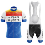 The Solo Superia Red Retro Short Sleeve Cycling Set features a striped jersey in blue, white, and red with SONOLOR and gitane text, a collar, and front zipper. Mix and match sizes for the perfect fit using the sizing guide. Classic black and white branding completes this stylish look.