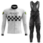 The PEUGEOT Retro Long Sleeve Cycling Set includes a lightweight polyester white jersey with Peugeot and Michelin logos, a checkered pattern, black collar, sleeve logo, and black bib tights featuring side white lettering. Fleece option available.