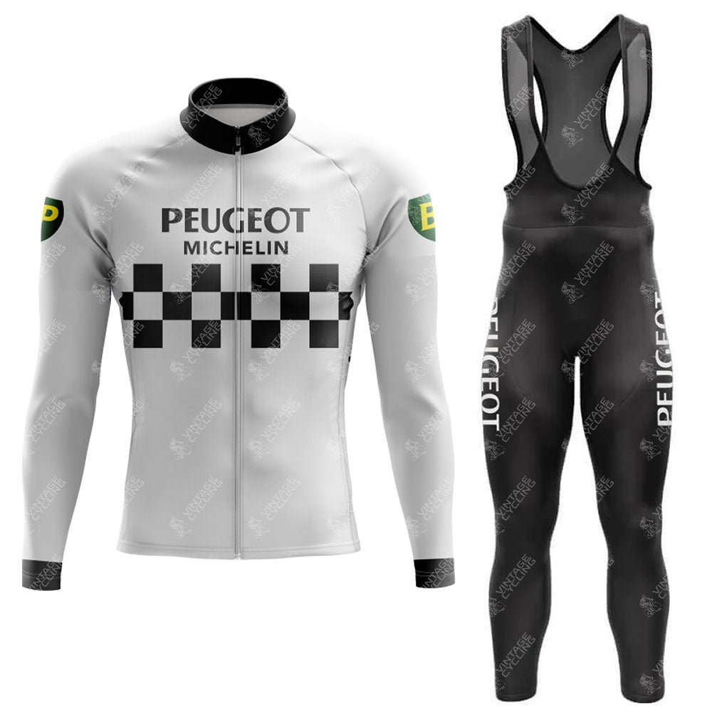 The PEUGEOT Retro Long Sleeve Cycling Set includes a lightweight polyester white jersey with Peugeot and Michelin logos, a checkered pattern, black collar, sleeve logo, and black bib tights featuring side white lettering. Fleece option available.