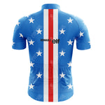 The Blue elf Retro Cycling Jersey features a back view with white stars, a vertical red stripe, and RENAULT elf elegantly printed on the upper back. Made from breathable, lightweight polyester.
