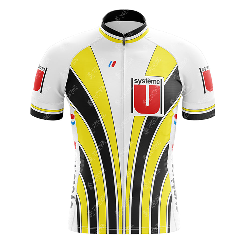 The Tricofilina Coppi Retro Short Sleeve Cycling Set features a white base, yellow and black curved stripes, red accents, and système logos—ideal for cyclists looking for customizable, stylish gear.