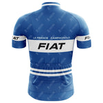The FIAT France Cycling Jersey Eddy Merckx 1977 Retro boasts a lightweight blue polyester fabric with white stripes and logos, featuring FIAT, LA FRANCE, and CAMPAGNOLO on the back. It has short sleeves and subtle pattern details inspired by the iconic era.
